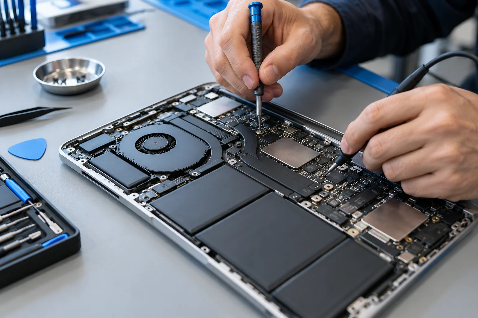 Close-up of a technician carefully working on an open laptop